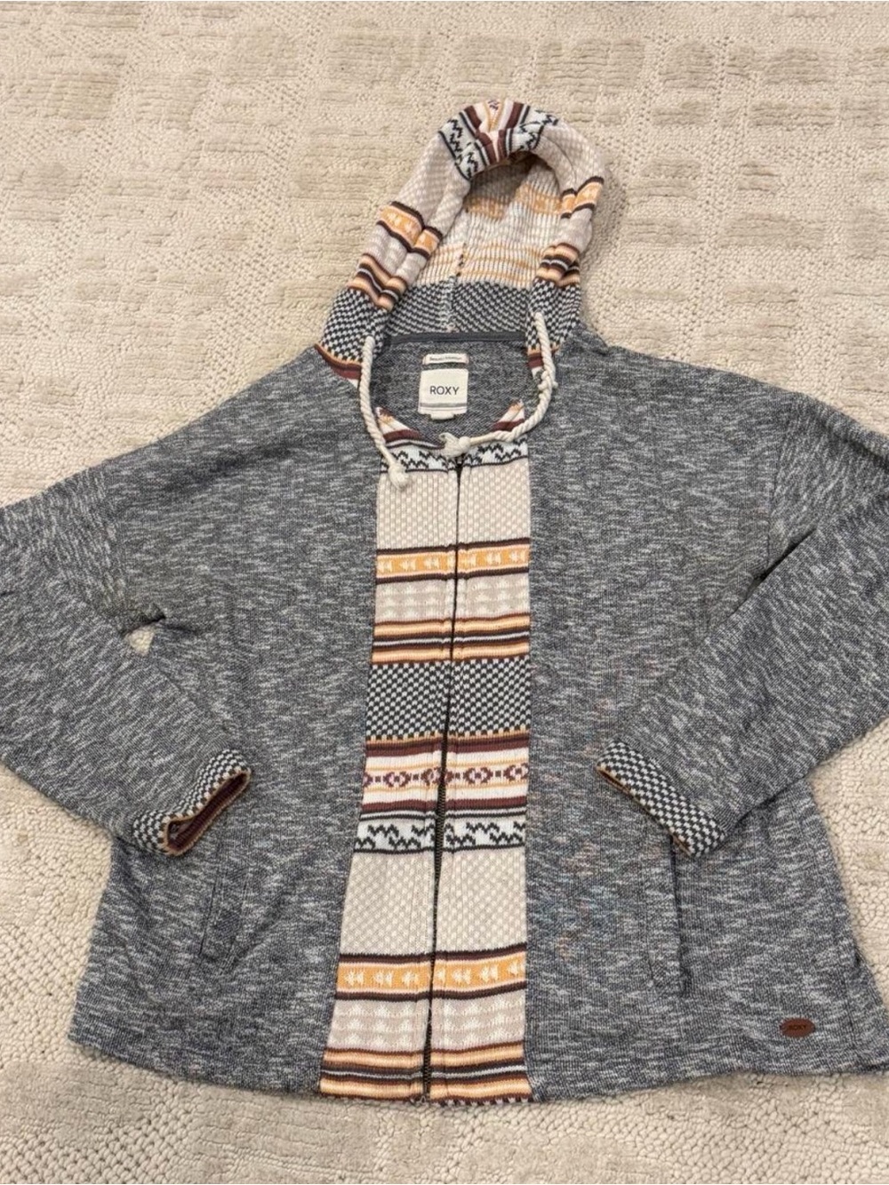Roxy Womens' zip up gray hoodie with geometric pattern size Large